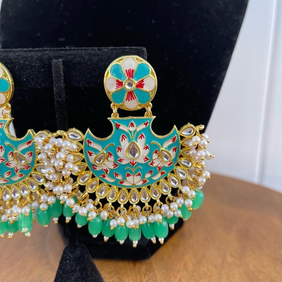 Mint Green Meenakari Chandbali Earrings | Floral Enamel Dangle - Picture 9 of 10